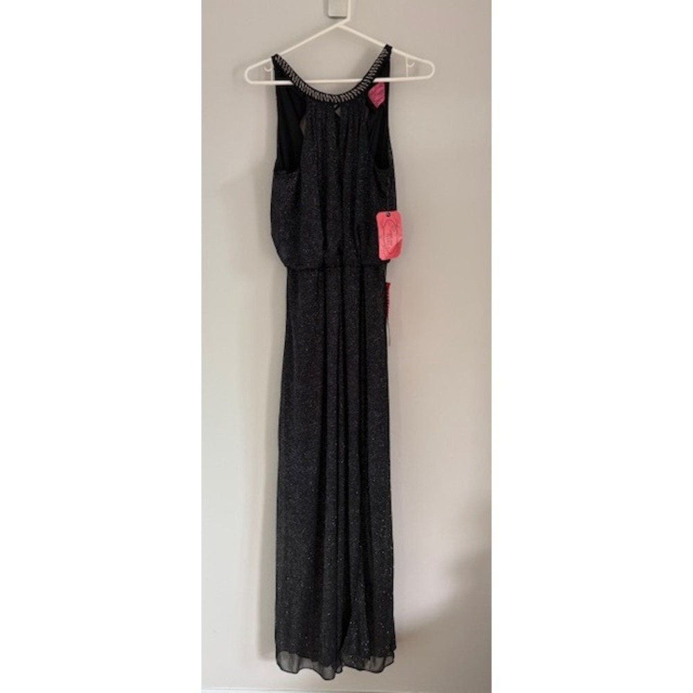 Pompous Girly Black Silver Glitter Beaded Neckline Halter‎ Maxi Dress NWT Medium
